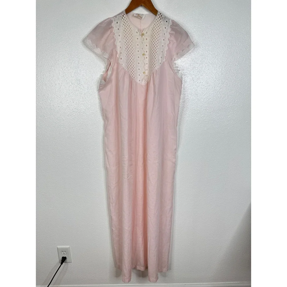 Vintage Ilise Stevens Pink Eyelet Lace Nightgown Maxi Sleepwear Dress Large USA